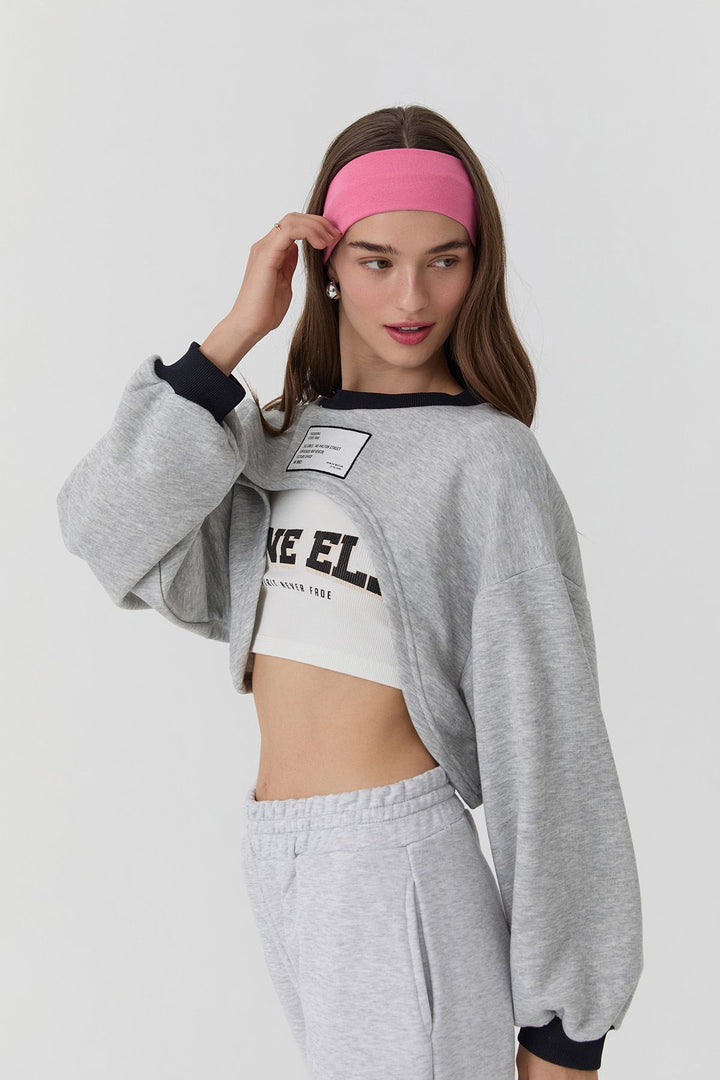 17813Undershirt Detailed Printed Crop Sweatshirt