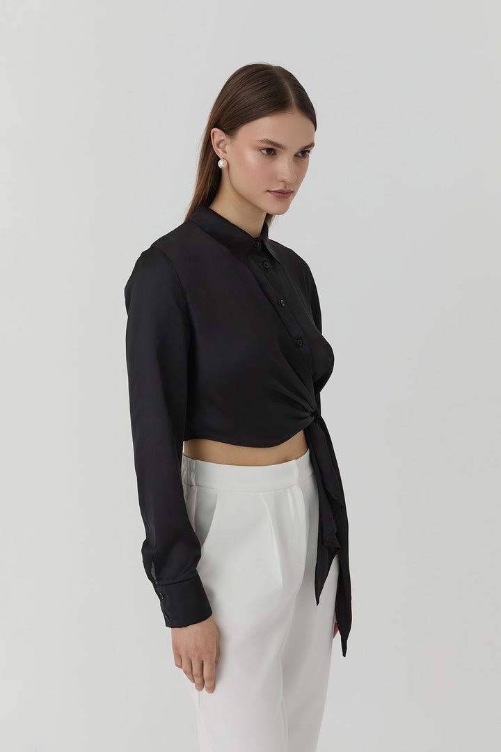 11701Double Breasted Tie Detailed Satin Shirt