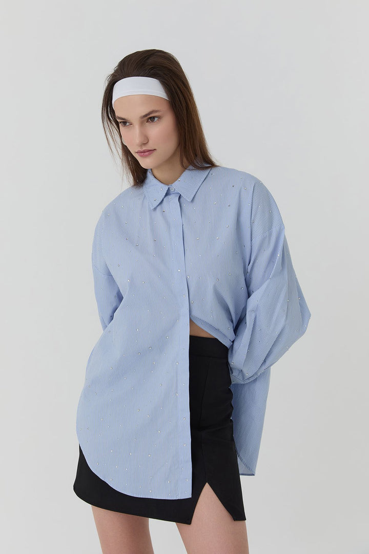 11677 Striped Oversize Shirt with Stone Accessories Blue