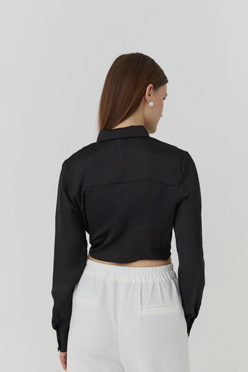 11701Double Breasted Tie Detailed Satin Shirt
