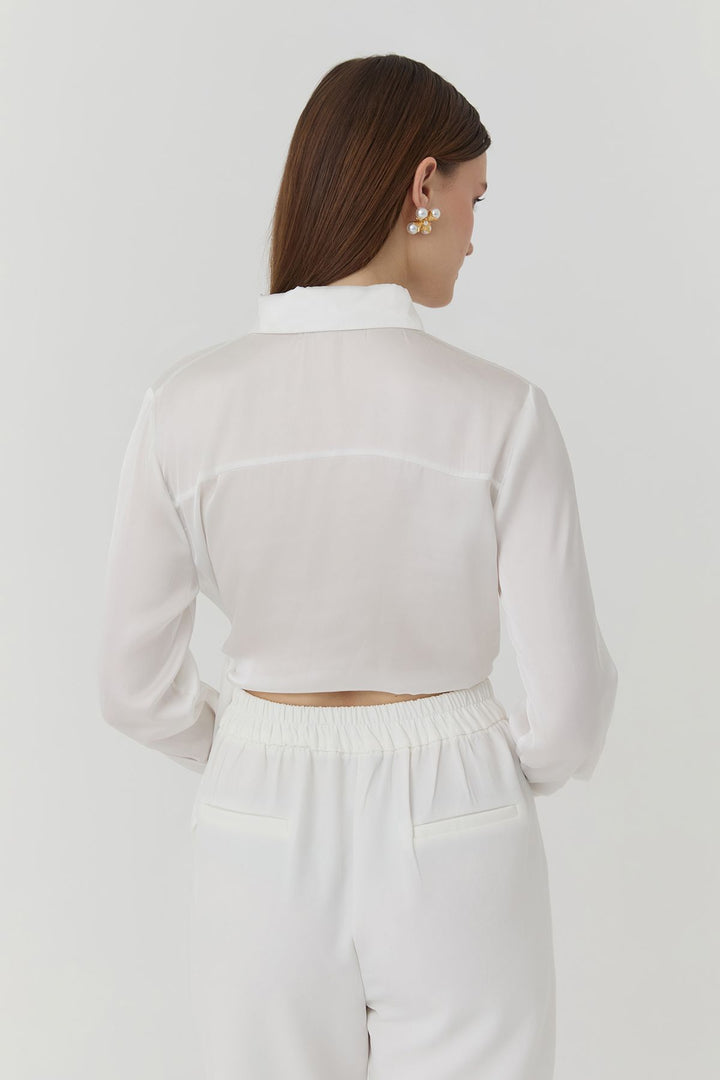 11701Double Breasted Tie Detailed Satin Shirt