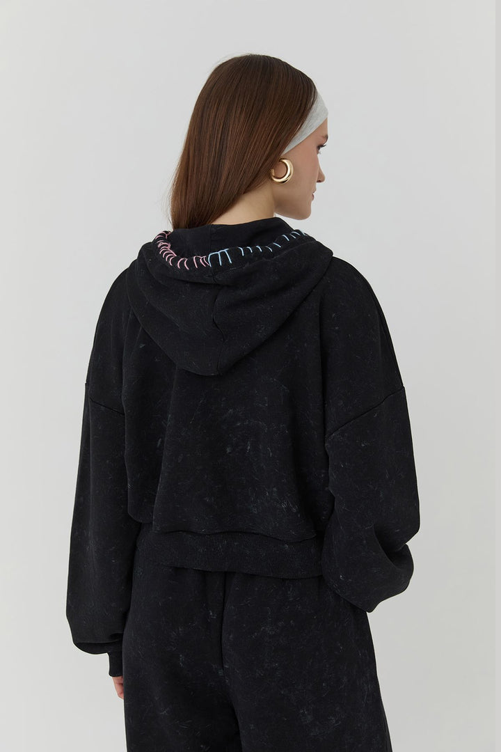 Embroidery Printed Vintage Detailed Hooded Sweatshirt