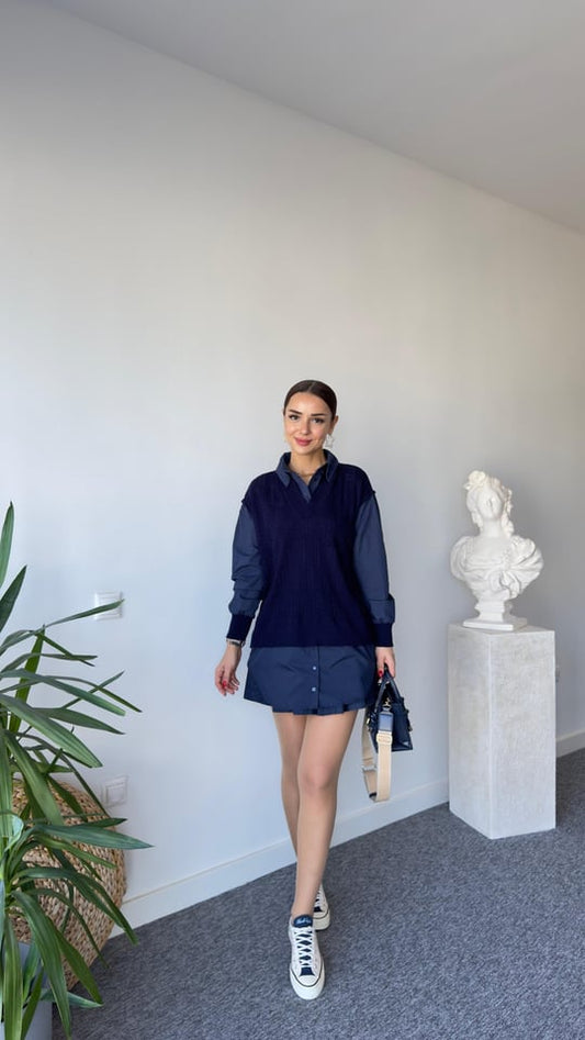 23731 Navy Blue Knitwear with Poplin Shirt Detail