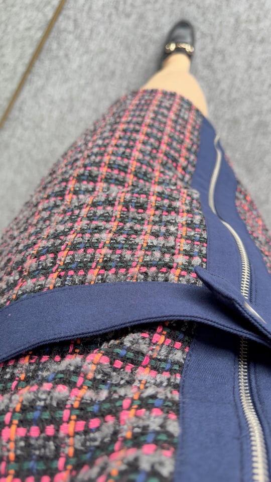 34054 Colorful Tweed Dress with Denim Garnish