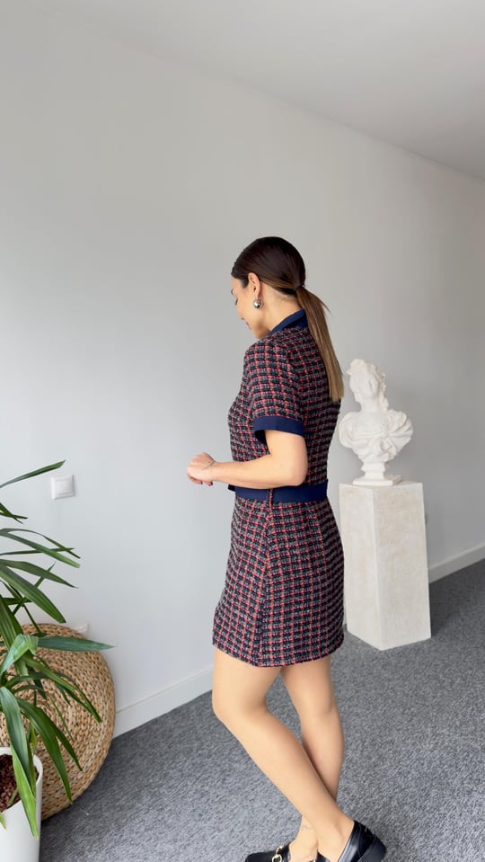 34054 Colorful Tweed Dress with Denim Garnish