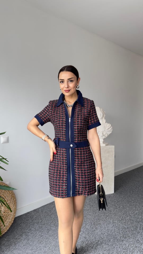 34054 Colorful Tweed Dress with Denim Garnish