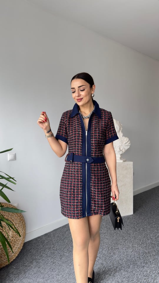 34054 Colorful Tweed Dress with Denim Garnish