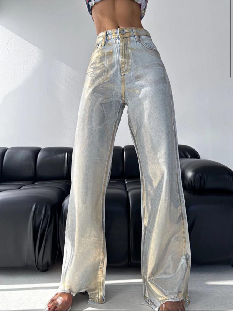 Metallic wide leg jeans gold