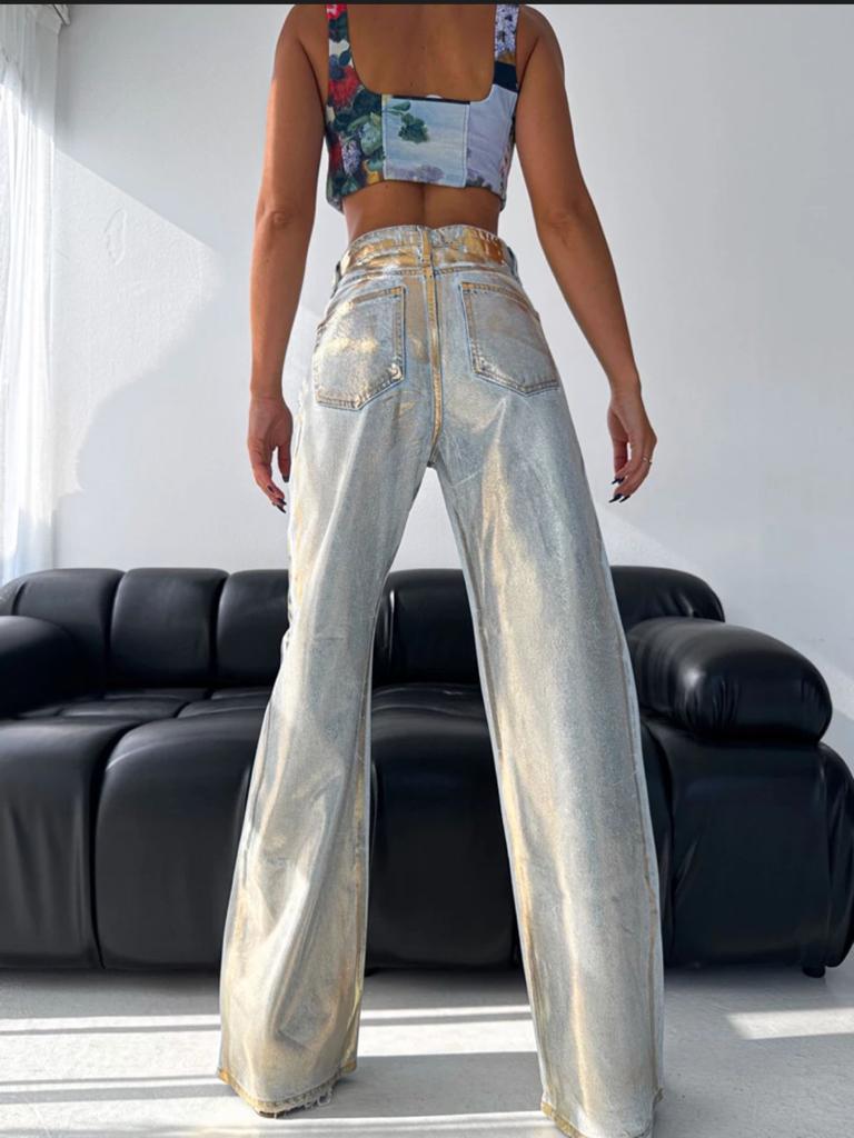 Metallic wide leg jeans gold