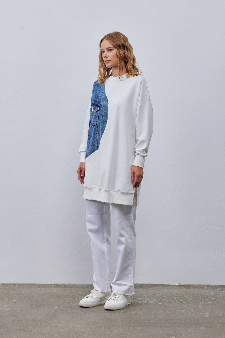 10371 White Sweater with denim details