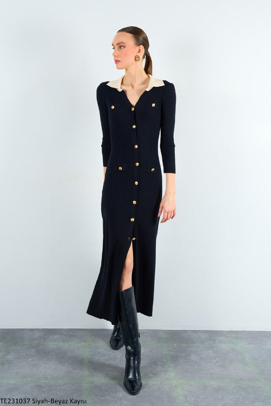 TE231037 Polo knit dress with gold buttons