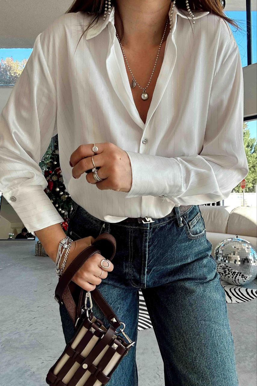 2855 White Satin shirt with silver details