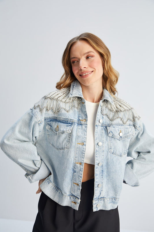 16048 Denim jacket with pearls design