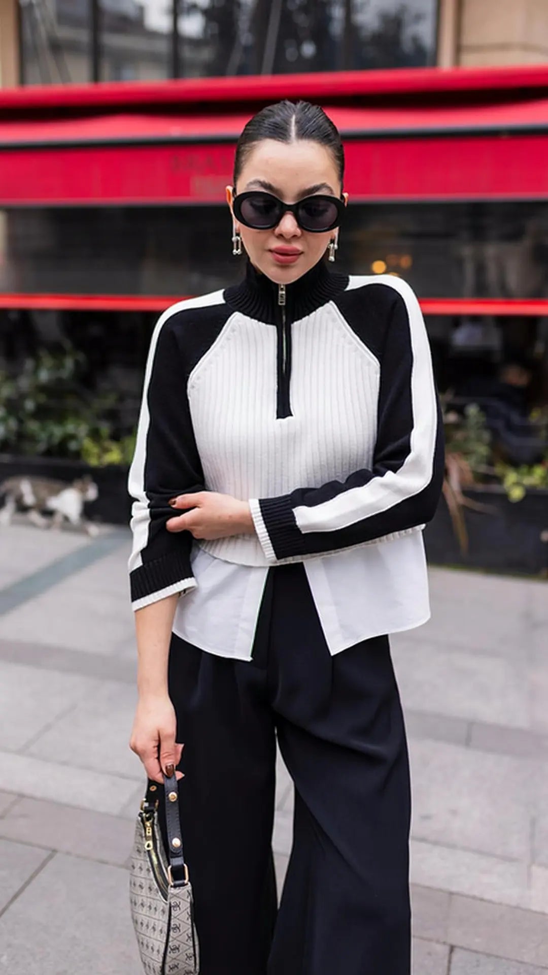 3661 Black-White Half Zipper Shirt Detailed Knitwear