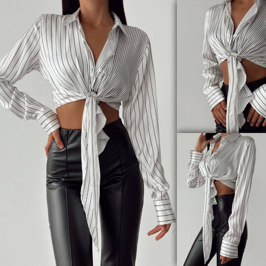 11632 Crop White Blouse With Black Lines