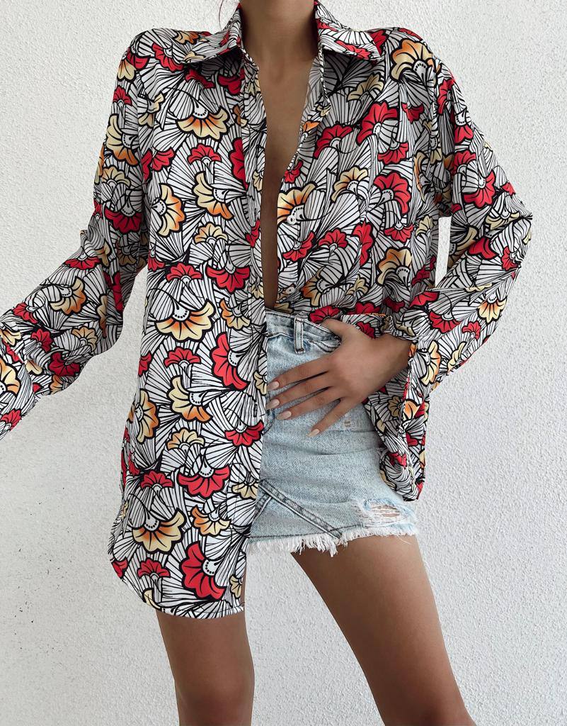 11542 Long Sleeve Patterned Satin Shirt