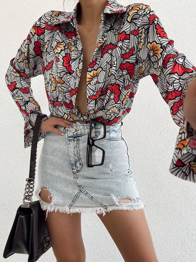 11542 Long Sleeve Patterned Satin Shirt