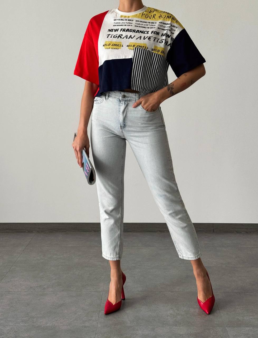 180220 Garnished Print Detailed T-shirt
