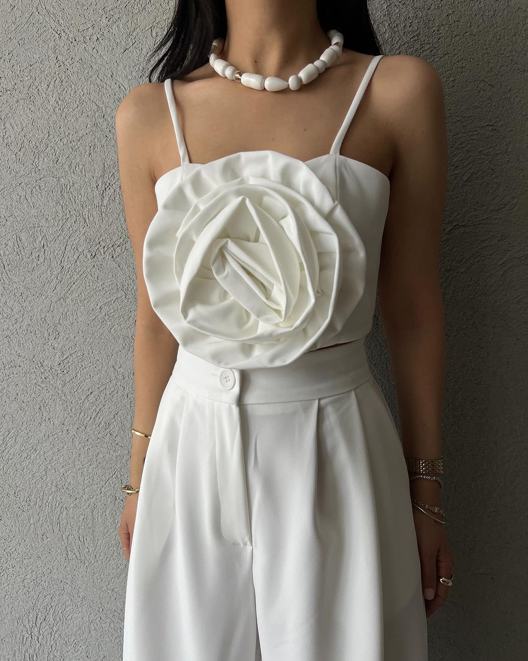 1363 Palazzo trousers with rose detailed strappy bustier
