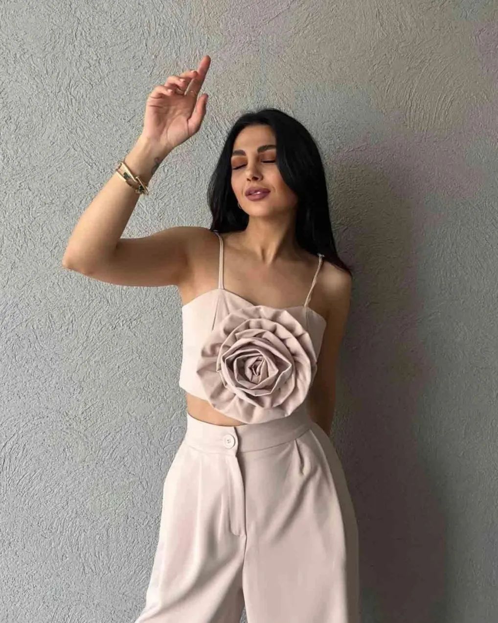 1363 Palazzo trousers with rose detailed strappy bustier