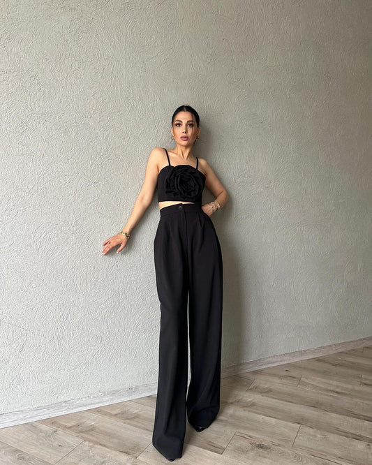 1363 Palazzo trousers with rose detailed strappy bustier