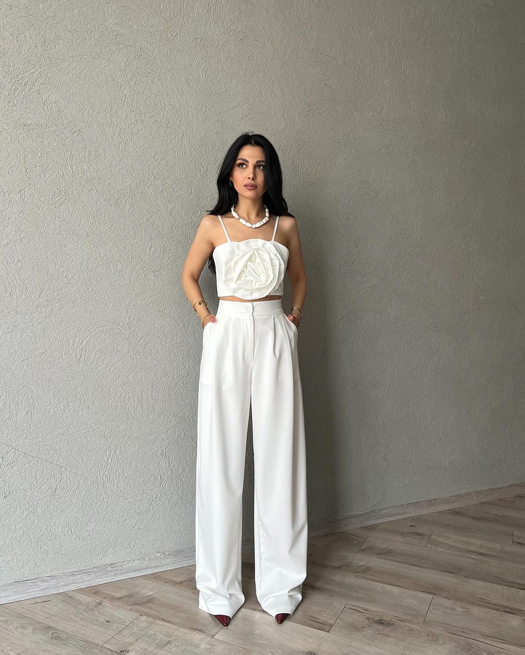 1363 Palazzo trousers with rose detailed strappy bustier