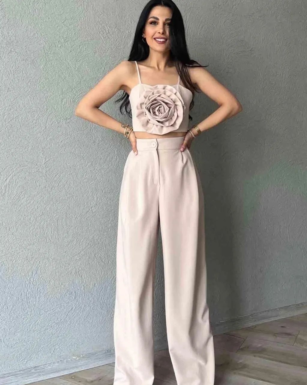 1363 Palazzo trousers with rose detailed strappy bustier