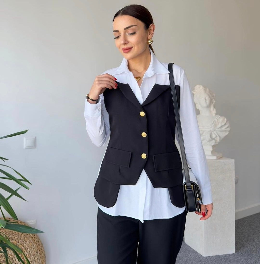 34169 White Shirt With Button Detail Vest