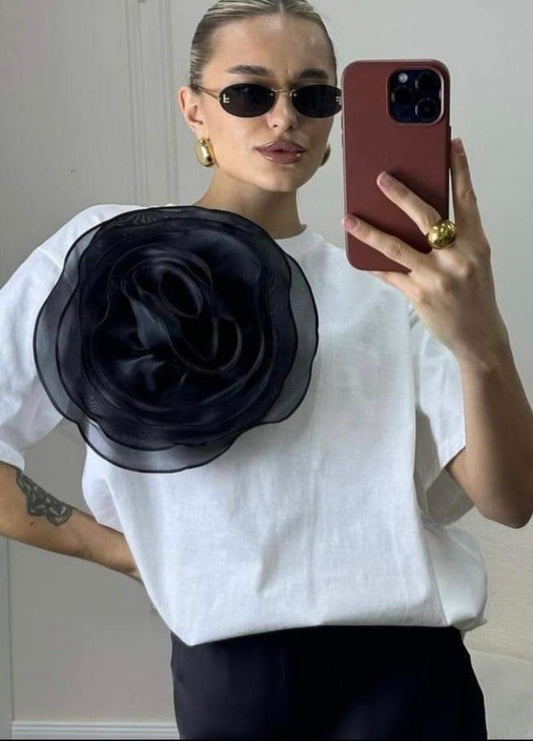 White half sleeve shirt with black rose brooch