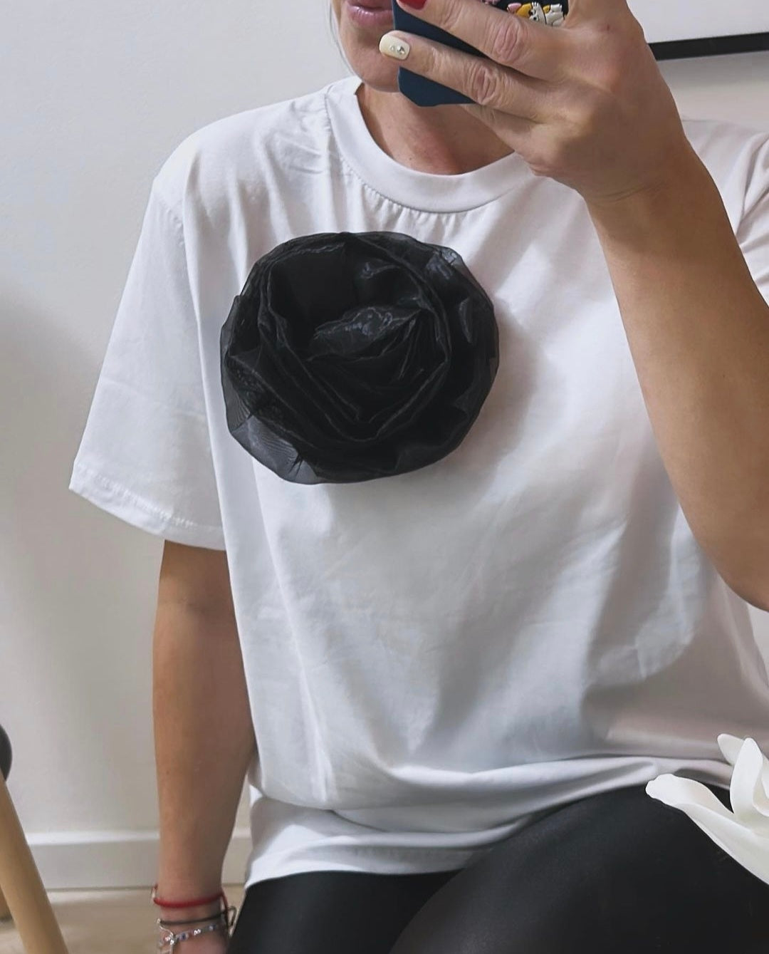 White half sleeve shirt with black rose brooch