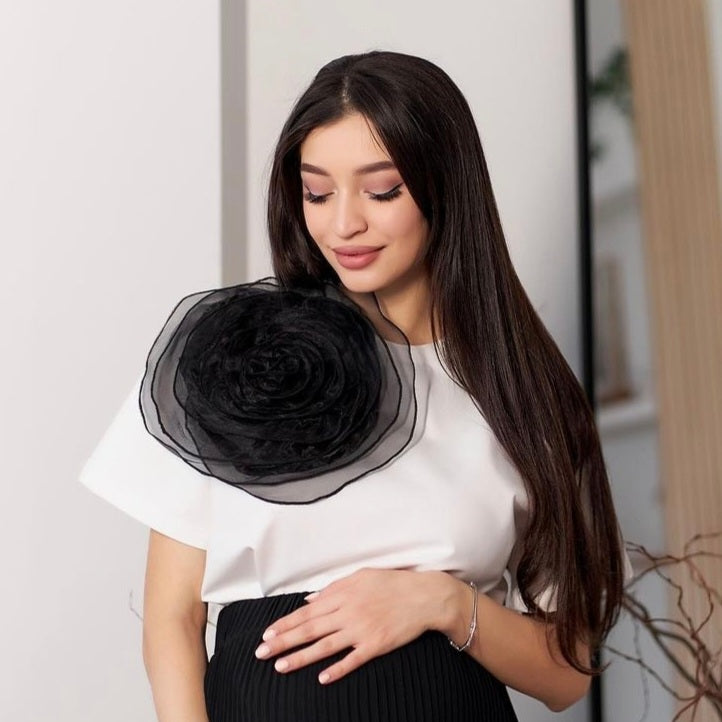 White half sleeve shirt with black rose brooch