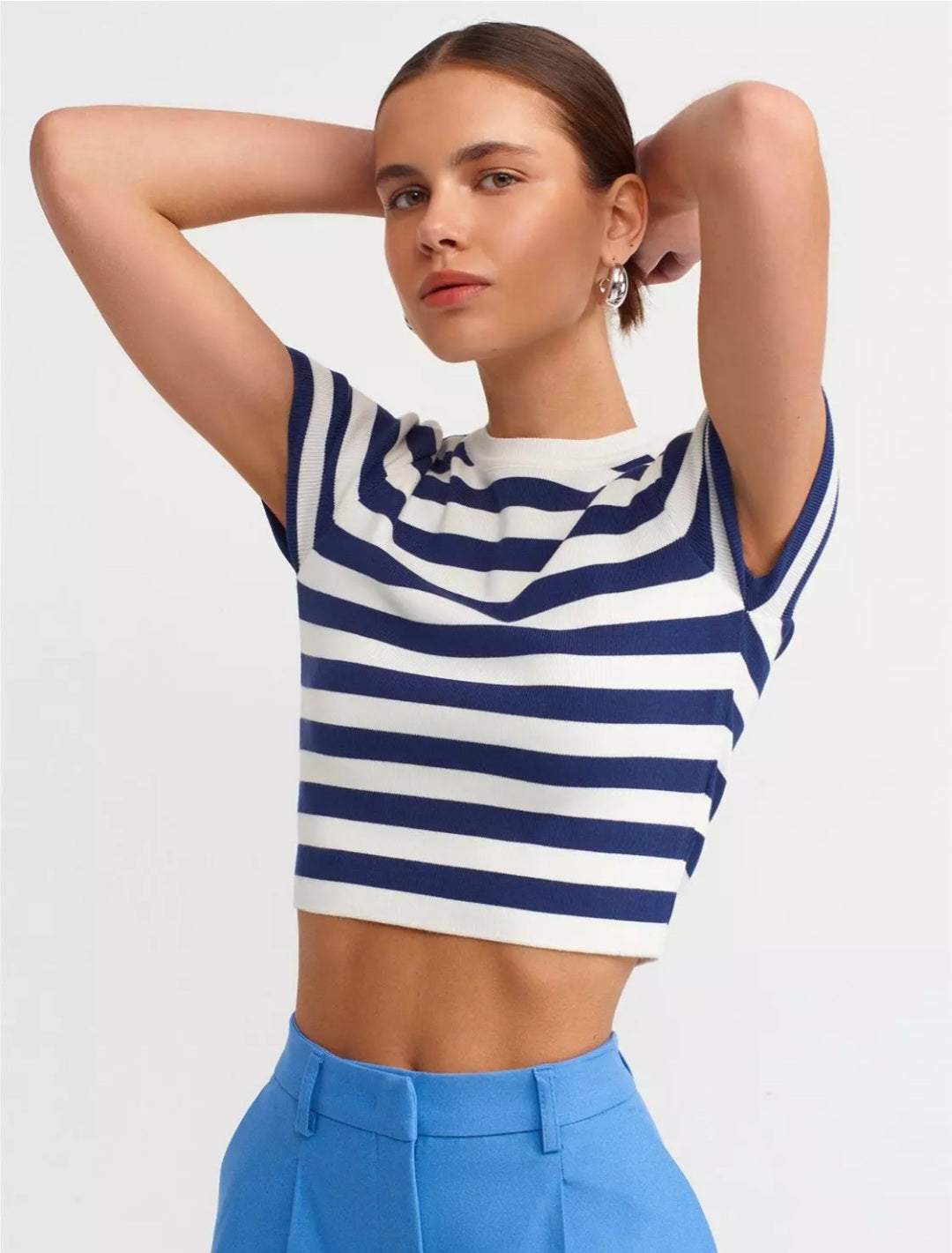 10398 Crew Neck Striped Short Sleeve Crop Sweater