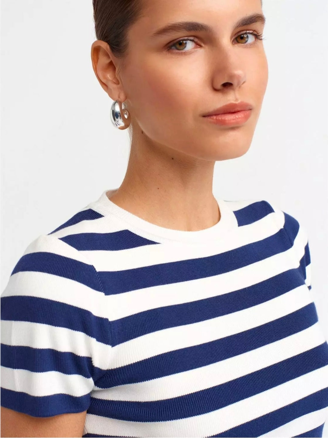 10398 Crew Neck Striped Short Sleeve Crop Sweater