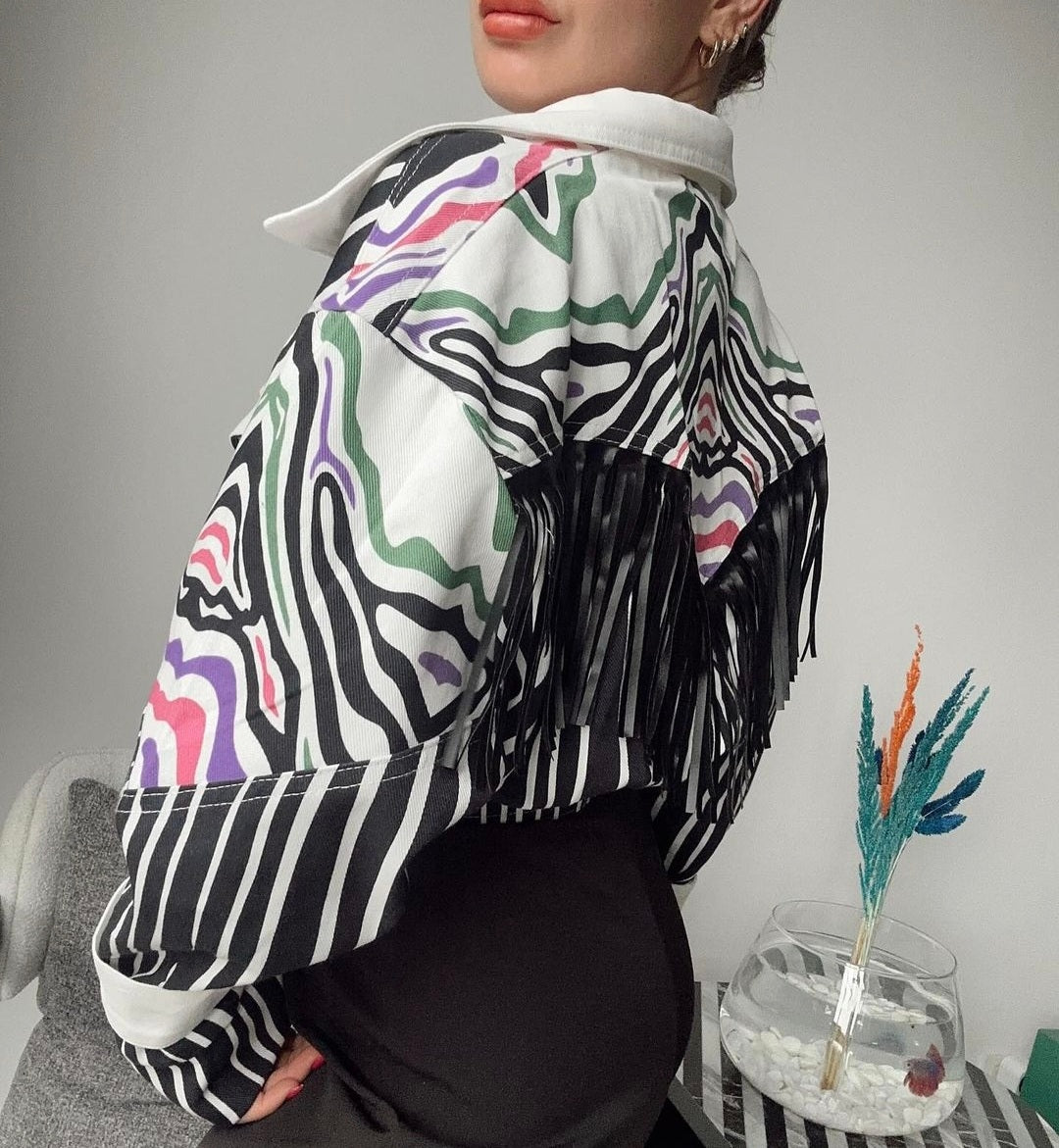 2885 Tori Design Zebra Pattern Jacket with Tassels on the Back
