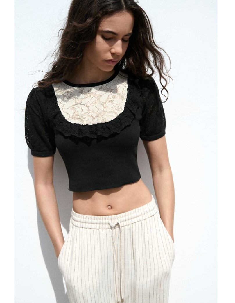 10541 Crew Neck Lace Crop Knitwear Sweater