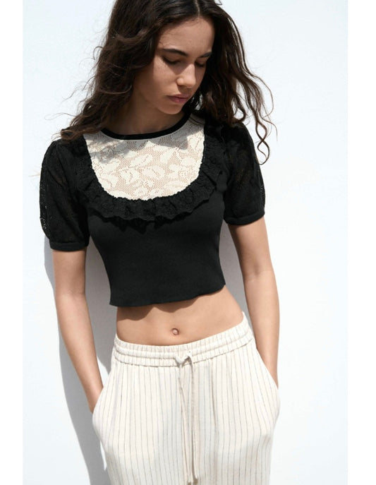 10541 Crew Neck Lace Crop Knitwear Sweater