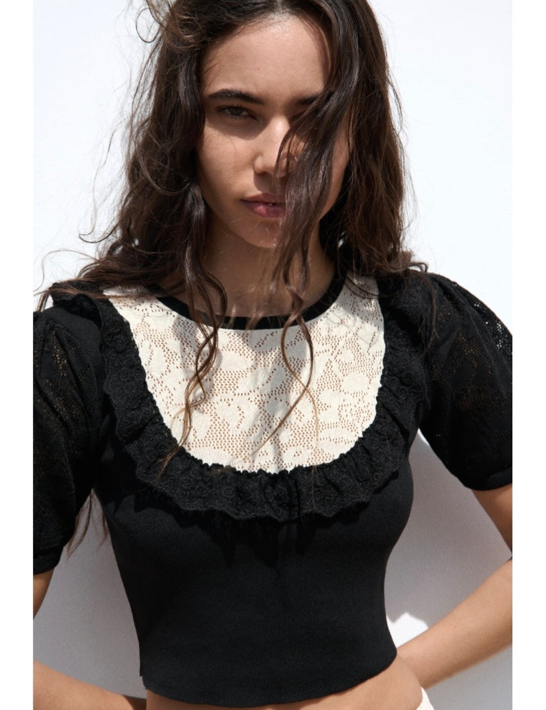 10541 Crew Neck Lace Crop Knitwear Sweater