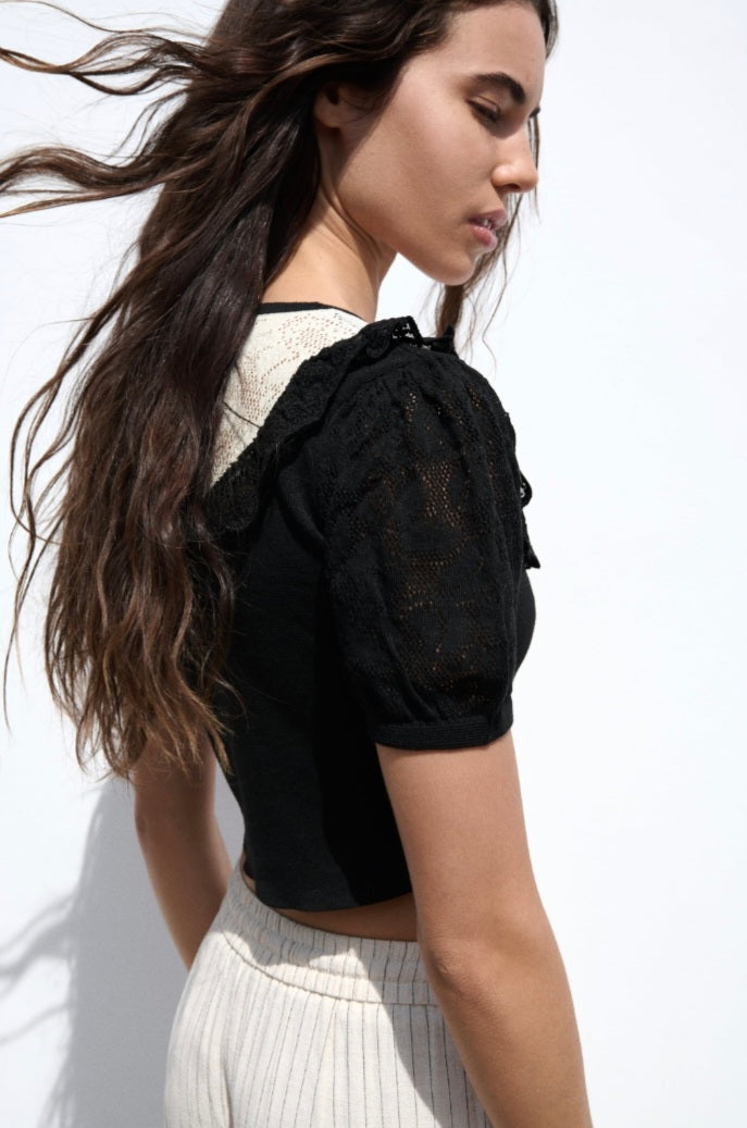 10541 Crew Neck Lace Crop Knitwear Sweater