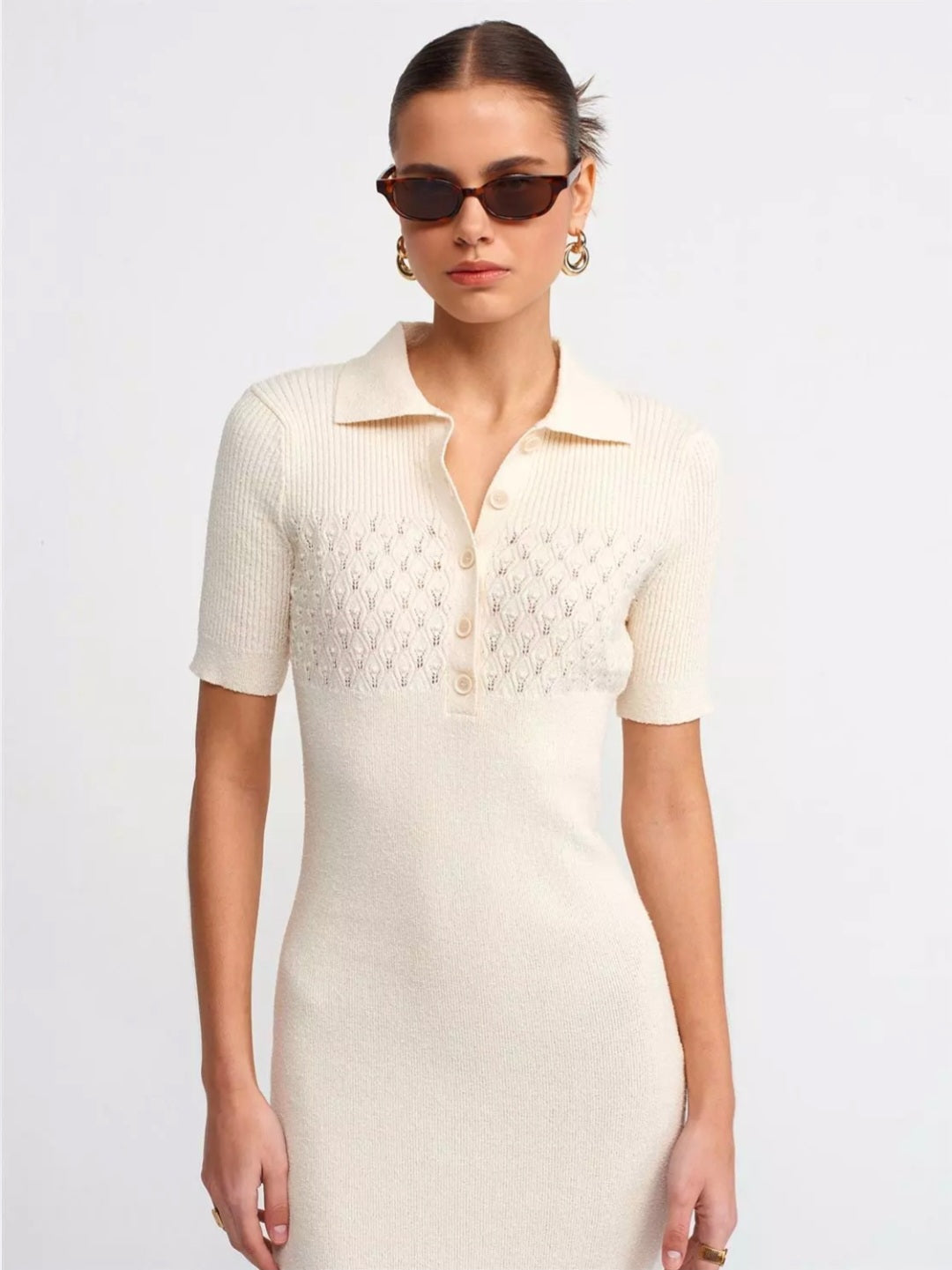 90188 Polo Neck Ribbed Button Knitwear Dress