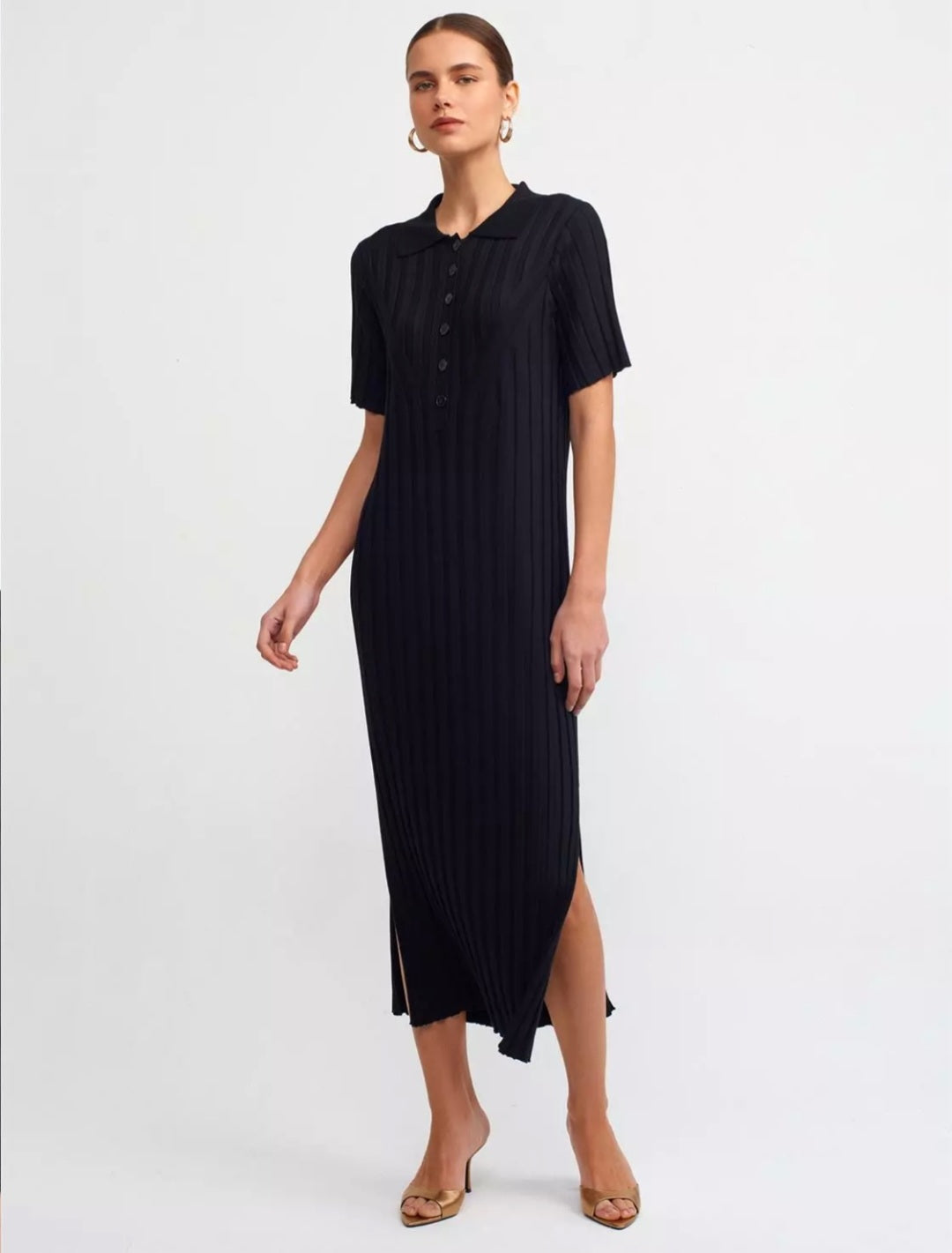 90197 Polo Neck Ribbed Buttoned Knitwear Dress