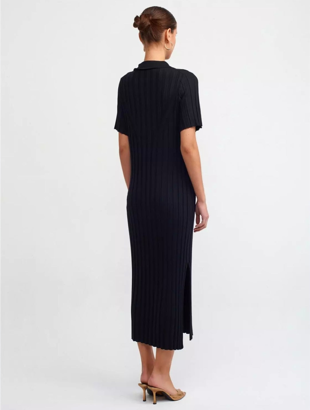 90197 Polo Neck Ribbed Buttoned Knitwear Dress