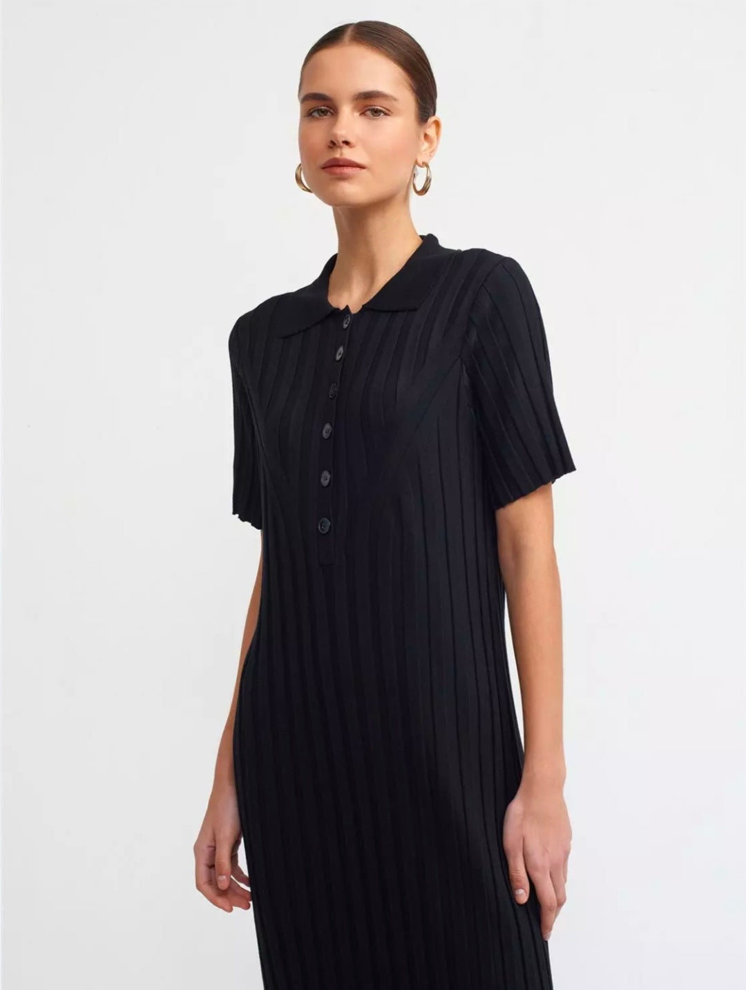 90197 Polo Neck Ribbed Buttoned Knitwear Dress