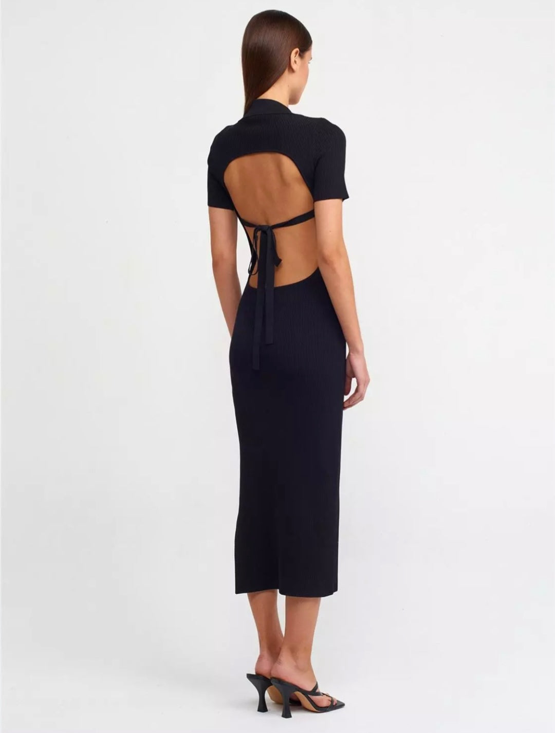 90194 Polo Neck Floral Detailed Knitwear Dress-Black