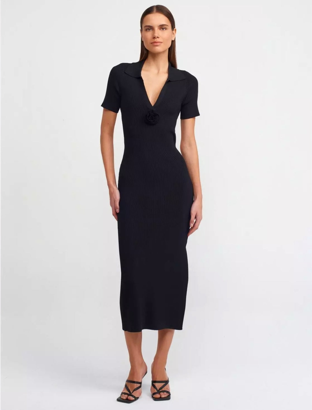 90194 Polo Neck Floral Detailed Knitwear Dress-Black