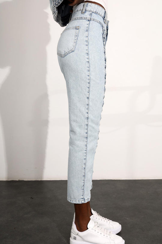 16051 Ice Blue High Waist Front Rope Detailed Jeans