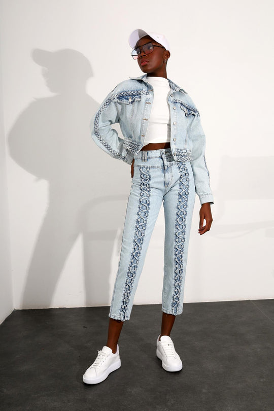 16051 Ice Blue High Waist Front Rope Detailed Jeans