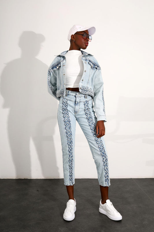 16051 Ice Blue High Waist Front Rope Detailed Jeans