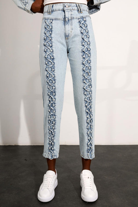 16051 Ice Blue High Waist Front Rope Detailed Jeans