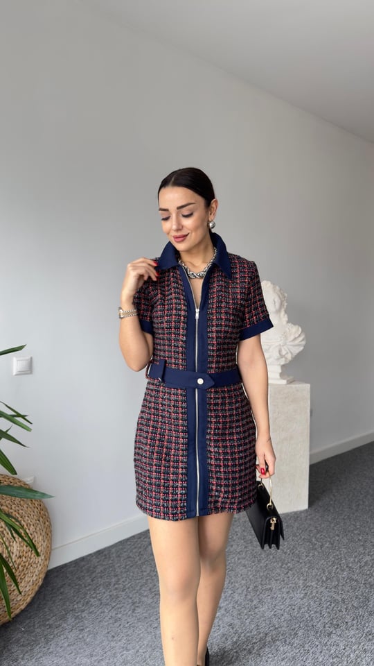 34054 Colorful Tweed Dress with Denim Garnish