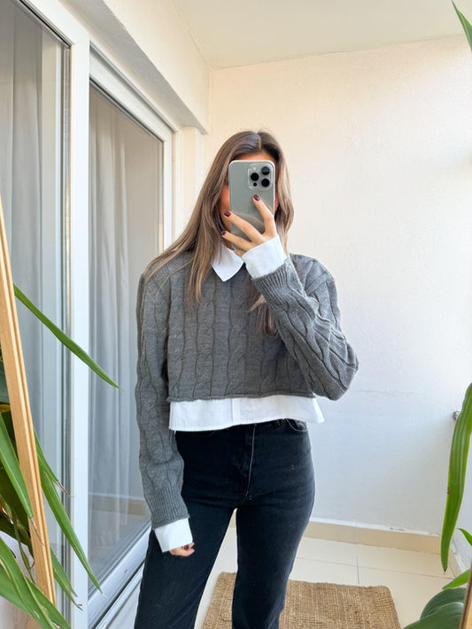 23741 Shirt Detailed Braided Sweater-Grey